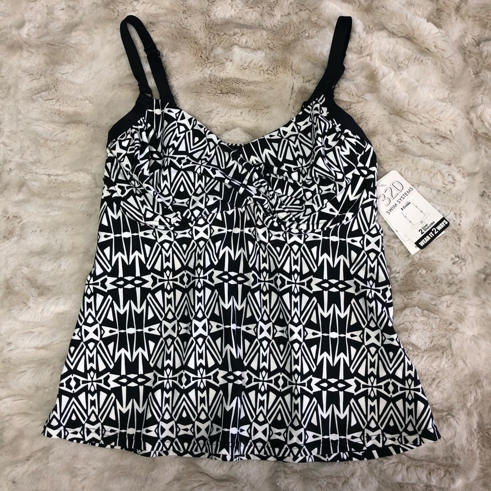 NWT Swim Systems Black & White Shirred Underwire Tankini Swim Top